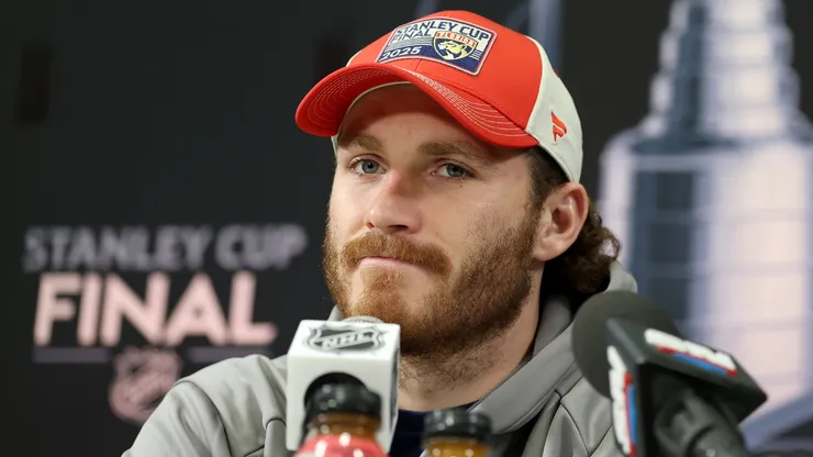 Matthew Tkachuk speaks during a press conference