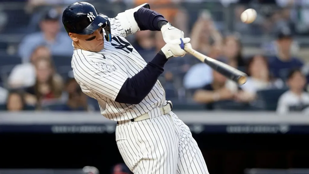 Aaron Judge #99 of the New York Yankees connects on his fourth inning double to right field against the Cleveland Guardians at Yankee Stadium on June 05, 2025 in New York City. (Photo by Jim McIsaac/Getty Images)