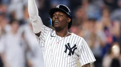 Jazz Chisholm Jr. #13 of the New York Yankees reacts.