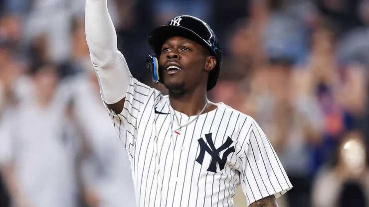 Jazz Chisholm Jr. #13 of the New York Yankees reacts after hitting a solo home run during the seventh inning of the game against the Cleveland Guardians at Yankee Stadium on June 03, 2025 in New York City.