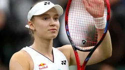 Elena Rybakina of Kazakhstan celebrates winning match point against Shelby Rogers of United States in the Women's Singles first round match during day two of The Championships Wimbledon 2023.