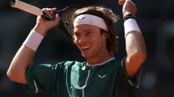 Andrey Rublev reacts against Taylor Fritz of USA during the Men's Singles semi-final match on Day Eleven of Mutua Madrid Open at La Caja Magica on May 03, 2024.