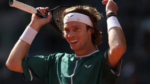 Andrey Rublev reacts against Taylor Fritz of USA during the Men's Singles semi-final match on Day Eleven of Mutua Madrid Open at La Caja Magica on May 03, 2024.