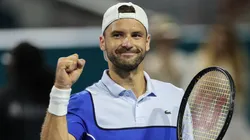 Grigor Dimitrov of Bulgaria reacts after his win against Alexander Zverev of Germany after the Men's semifinal at Hard Rock Stadium on March 29, 2024.