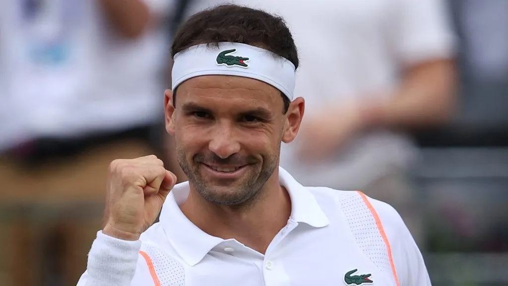 Grigor Dimitrov celebrates winning match point against Francisco Cerundolo during the Men’s Singles Second Round match on Day Four of the cinch Championships in 2023. (Source: Julian Finney/Getty Images)
