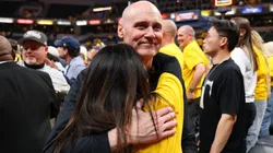 Head coach Rick Carlisle of the Indiana Pacers and his wife Donna Nobile celebrate the 125-108 win against the New York Knicks in Game Six of the Eastern Conference Finals of the 2025 NBA Playoffs at Gainbridge Fieldhouse on May 31, 2025 in Indianapolis, Indiana.