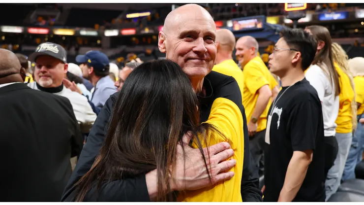 Head coach Rick Carlisle of the Indiana Pacers and his wife Donna Nobile celebrate the 125-108 win against the New York Knicks in Game Six of the Eastern Conference Finals of the 2025 NBA Playoffs at Gainbridge Fieldhouse on May 31, 2025 in Indianapolis, Indiana.