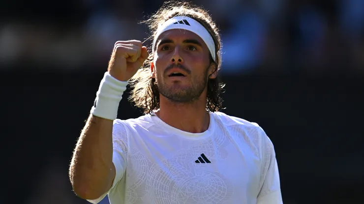 Stefanos Tsitsipas of Greece celebrates set point against Andy Murray of Great Britain in the Men's Singles second round match during day five of The Championships Wimbledon 2023.