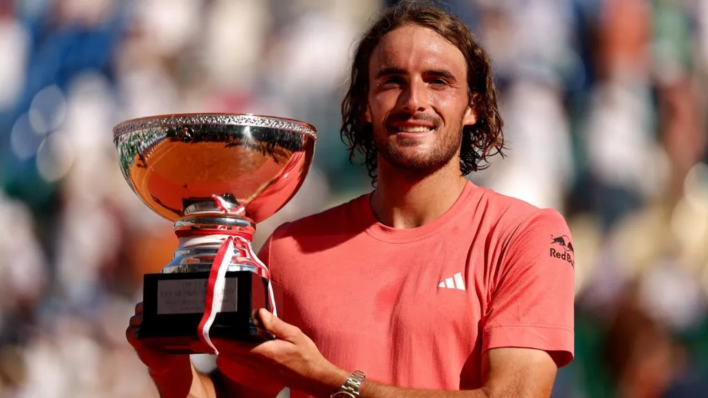 Stefanos Tsitsipas poses for a photograph with the trophy after his victory over Casper Ruud of Norway in the Men’s Singles Final on day eight of the Rolex Monte-Carlo Masters in 2024. (Source: Julian Finney/Getty Images)