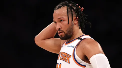 Jalen Brunson #11 of the New York Knicks reacts against the Indiana Pacers during the first quarter in Game Two of the Eastern Conference Finals of the 2025 NBA Playoffs at Madison Square Garden on May 23, 2025 in New York City.