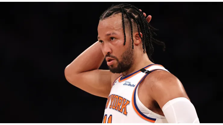 Jalen Brunson #11 of the New York Knicks reacts against the Indiana Pacers during the first quarter in Game Two of the Eastern Conference Finals of the 2025 NBA Playoffs at Madison Square Garden on May 23, 2025 in New York City.