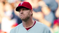 Starting pitcher Roy Halladay #34 of the Philadelphia Phillies reacts after giving up a two run home run to Carlos Santana #41 of the Cleveland Indians during the first inning at Progressive Field on April 30, 2013 in Cleveland, Ohio.