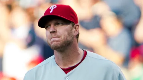 Starting pitcher Roy Halladay #34 of the Philadelphia Phillies reacts after giving up a two run home run to Carlos Santana #41 of the Cleveland Indians during the first inning at Progressive Field on April 30, 2013 in Cleveland, Ohio.