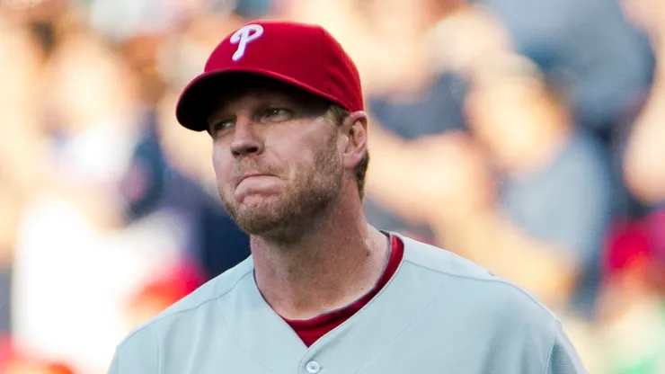Starting pitcher Roy Halladay #34 of the Philadelphia Phillies reacts after giving up a two run home run to Carlos Santana #41 of the Cleveland Indians during the first inning at Progressive Field on April 30, 2013 in Cleveland, Ohio.