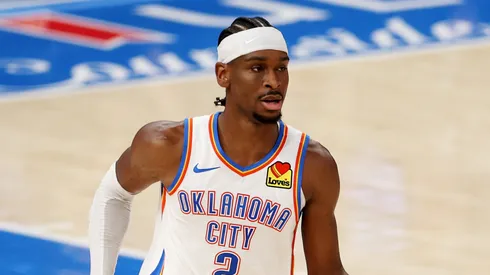 Shai Gilgeous-Alexander #2 of the Oklahoma City Thunder dribbles during the third quarter against the Indiana Pacers in Game One of the 2025 NBA Finals