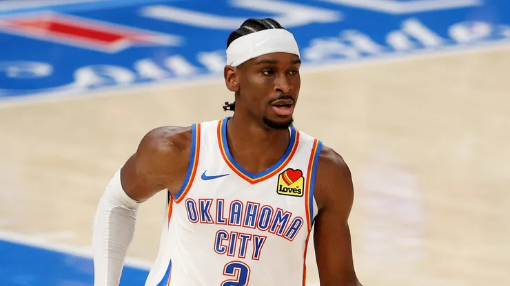 Shai Gilgeous-Alexander #2 of the Oklahoma City Thunder dribbles during the third quarter against the Indiana Pacers in Game One of the 2025 NBA Finals