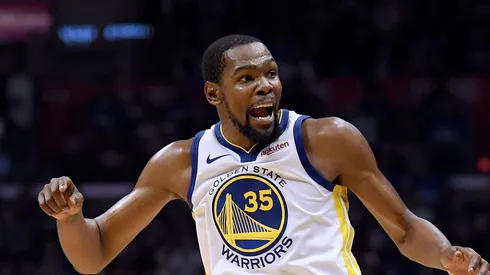 Kevin Durant #35 of the Golden State Warriors reacts to his three pointer in the first half against the LA Clippers during Game Six of Round One of the 2019 NBA Playoffs