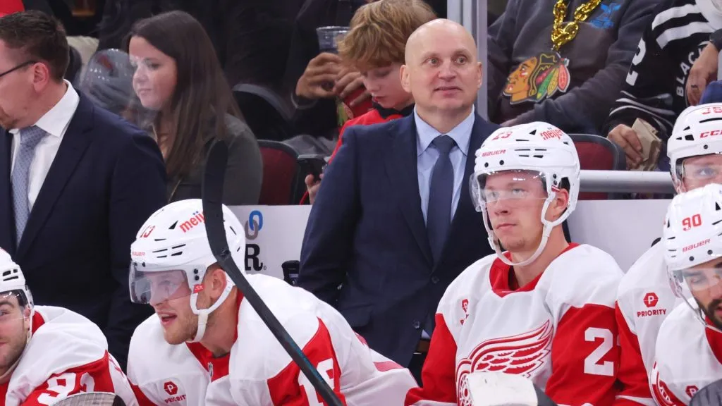Head coach Derek Lalonde of the Detroit Red Wings looks on against the Chicago Blackhawks during the third period at the United Center on November 06, 2024 in Chicago, Illinois. (Photo by Michael Reaves/Getty Images)