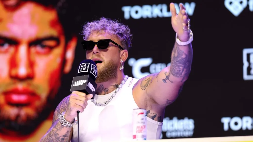 Jake Paul speaks during a press conference at The Avalon on May 14, 2025 in Los Angeles, California. (Photo by Luke Hales/Getty Images)