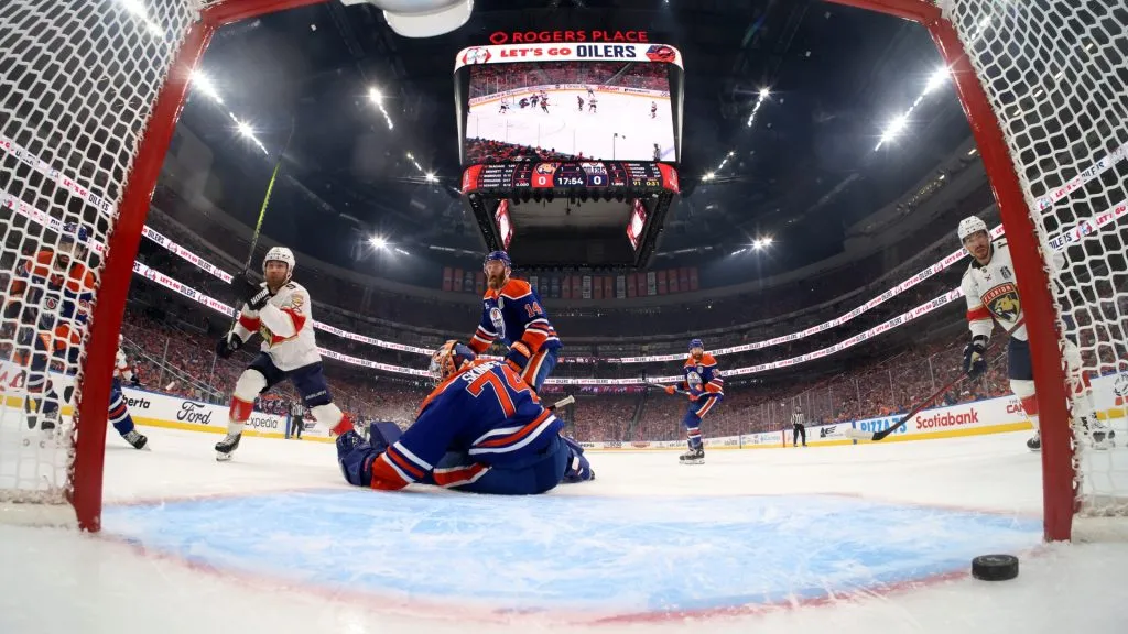 Sam Bennett #9 of the Florida Panthers scores during the first period against Stuart Skinner #74 of the Edmonton Oilers in Game Two of the 2025 Stanley Cup Final at Rogers Place on June 06, 2025 in Edmonton, Alberta, Canada. (Photo by Steph Chambers/Getty Images)