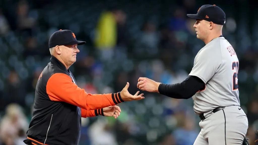 Manager A.J. Hinch #14 of the Detroit Tigers takes Tarik Skubal #29 out of the game during the sixth inning against the Seattle Mariners at T-Mobile Park on April 02, 2025 in Seattle, Washington. (Photo by Steph Chambers/Getty Images)