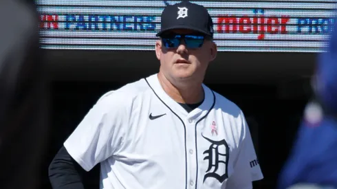 Manager A.J. Hinch #14 of the Detroit Tigers watches from the dugout.