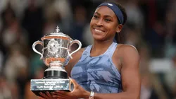 Coco Gauff of United States holds the Coupe Suzanne Lenglen trophy after her victory over Aryna Sabalenka at Roland Garros.