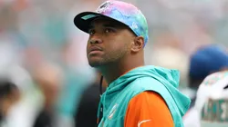 Tua Tagovailoa #1 of the Miami Dolphins looks on against the Minnesota Vikings at Hard Rock Stadium on October 16, 2022 in Miami Gardens, Florida.