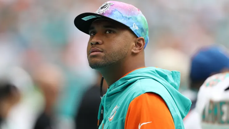 Tua Tagovailoa #1 of the Miami Dolphins looks on against the Minnesota Vikings at Hard Rock Stadium on October 16, 2022 in Miami Gardens, Florida.