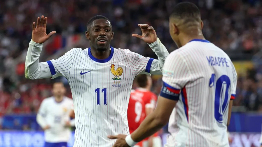 Kylian Mbappe of France celebrates with teammate Ousmane Dembele during the UEFA Euro 2024. (Kevin C. Cox/Getty Images)