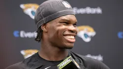 Travis Hunter #12 of the Jacksonville Jaguars speaks to the Media during Jacksonville Jaguars Rookie Minicamp at Miller Electric Center on May 10, 2025 in Jacksonville, Florida.