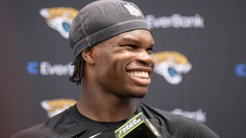 Travis Hunter #12 of the Jacksonville Jaguars speaks to the Media during Jacksonville Jaguars Rookie Minicamp at Miller Electric Center on May 10, 2025 in Jacksonville, Florida.