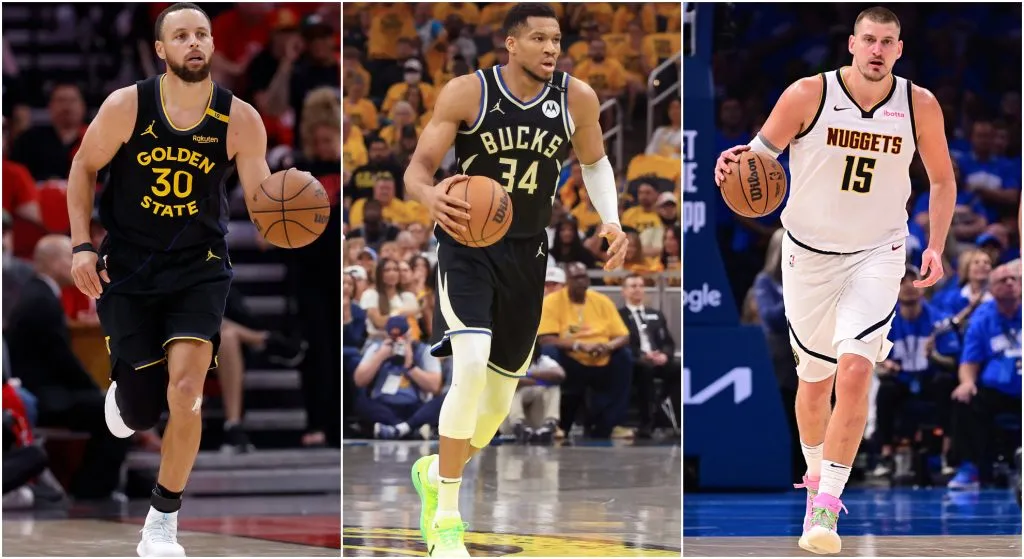Stephen Curry, Giannis Antetokounmpo and Nikola Jokic