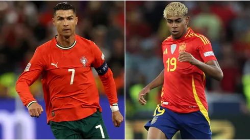 Cristiano Ronaldo of Portugal and Lamine Yamal of Spain playing in the UEFA Nations League.