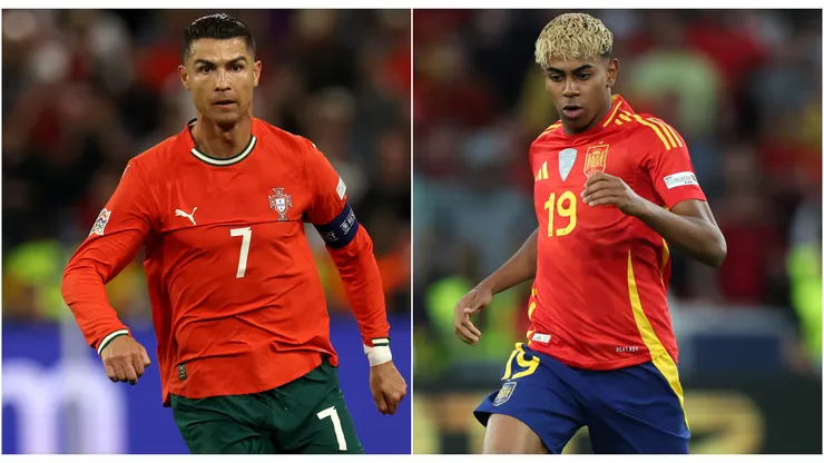 Cristiano Ronaldo of Portugal and Lamine Yamal of Spain playing in the UEFA Nations League.