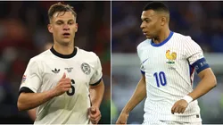Joshua Kimmich of Germany and Kylian Mbappe of France playing in the UEFA Nations League.