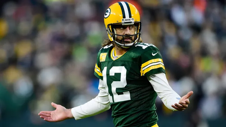 Aaron Rodgers #12 of the Green Bay Packers reacts after throwing an incomplete pass on third down during the first half against the Seattle Seahawks at Lambeau Field on November 14, 2021 in Green Bay, Wisconsin.