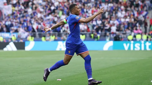 Kylian Mbappe of France celebrates scoring his team's first goal during the UEFA Nations League 2025 third place match between Germany and France at Stuttgart Arena on June 08, 2025 in Stuttgart, Germany.