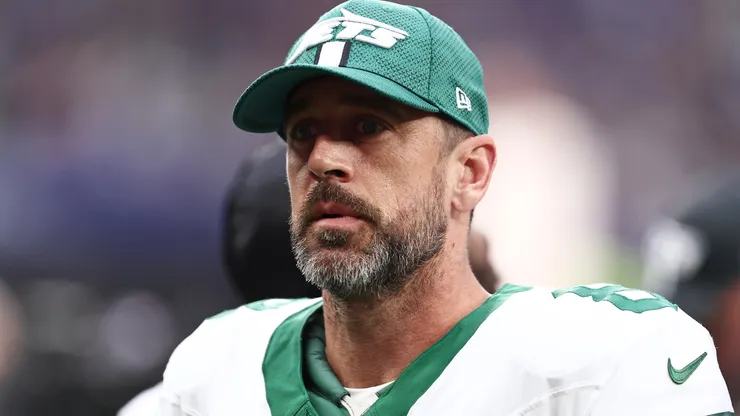 Aaron Rodgers of New York Jets looks on during the NFL match.