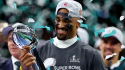 Jalen Hurts #1 of the Philadelphia Eagles celebrates with the Vince Lombardi Trophy after beating the Kansas City Chiefs 40-22 to win Super Bowl LIX at Caesars Superdome on February 09, 2025 in New Orleans, Louisiana.
