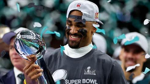 Jalen Hurts #1 of the Philadelphia Eagles celebrates with the Vince Lombardi Trophy after beating the Kansas City Chiefs 40-22 to win Super Bowl LIX at Caesars Superdome on February 09, 2025 in New Orleans, Louisiana.