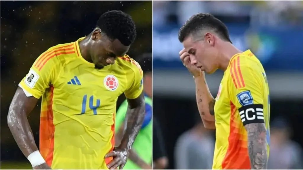Jhon Duran (left) and James Rodriguez looking down while playing for Colombia.