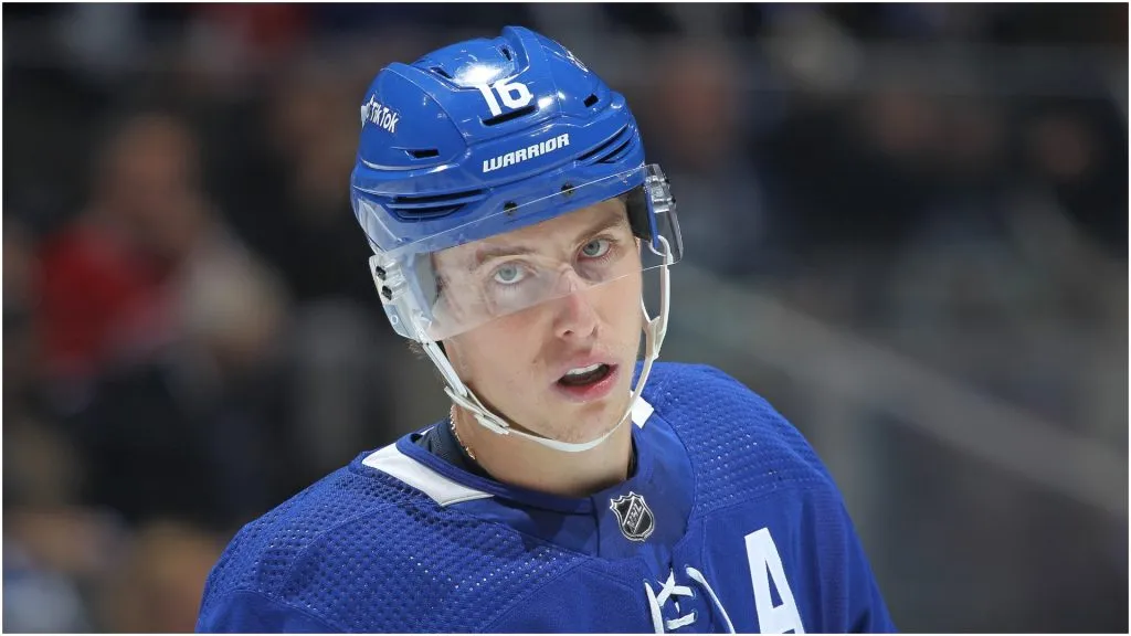 Mitchell Marner #16 of the Toronto Maple Leafs waits for play to resume against the Montreal Canadiens during an NHL game at Scotiabank Arena on October 13, 2021 in Toronto, Ontario, Canada.