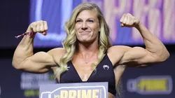 Kayla Harrison poses ont eh scale during the UFC 300 ceremonial weigh-in at MGM Grand Garden Arena on April 12, 2024 in Las Vegas, Nevada.
