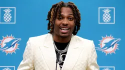 Jalen Ramsey of the Miami Dolphins speaks to the media during a press conference where he was introduced at Baptist Health Training Complex on March 16, 2023 in Miami Gardens, Florida.