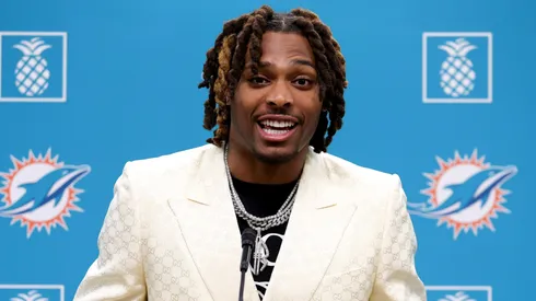 Jalen Ramsey of the Miami Dolphins speaks to the media during a press conference where he was introduced at Baptist Health Training Complex on March 16, 2023 in Miami Gardens, Florida.