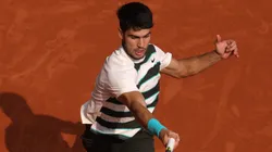 Carlos Alcaraz of Spain plays a forehand against Jannik Sinner of Italy during the Men's Singles Final match on Day Fifteen of the 2025 French Open at Roland Garros on June 08, 2025 in Paris, France.