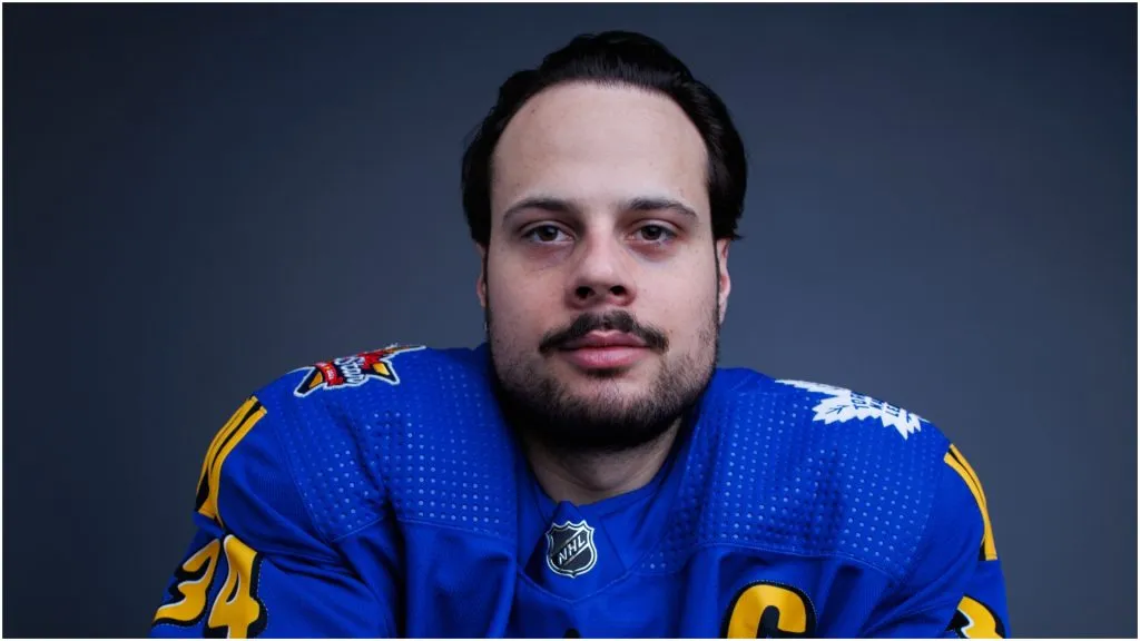 Auston Matthews #34 of the Toronto Maple Leafs poses for his portrait prior to the 2024 Honda NHL All-Star Game on February 03, 2024 in Toronto, Ontario.