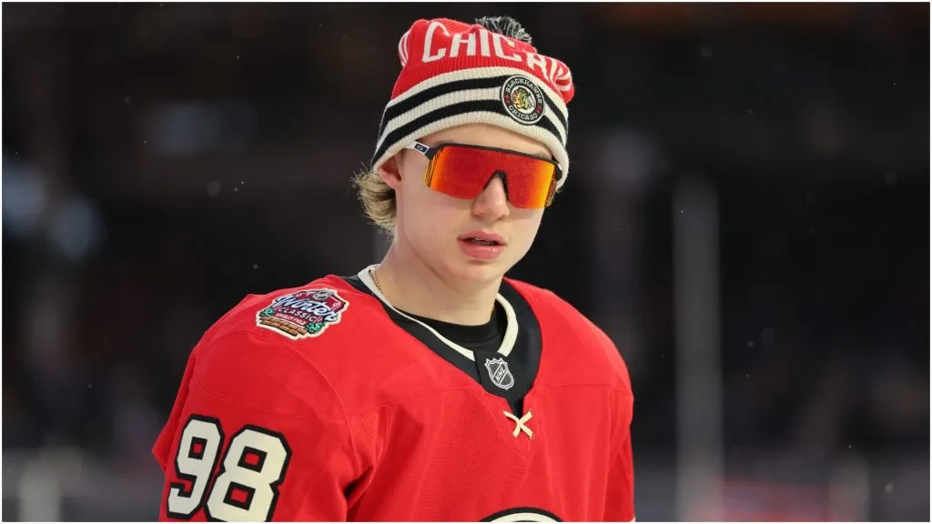 Connor Bedard #98 of the Chicago Blackhawks warms up prior to the 2024 NHL Winter Classic against the St. Louis Blues at Wrigley Field on December 31, 2024 in Chicago, Illinois.
