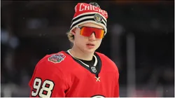 Connor Bedard #98 of the Chicago Blackhawks warms up prior to the 2024 NHL Winter Classic against the St. Louis Blues at Wrigley Field on December 31, 2024 in Chicago, Illinois.